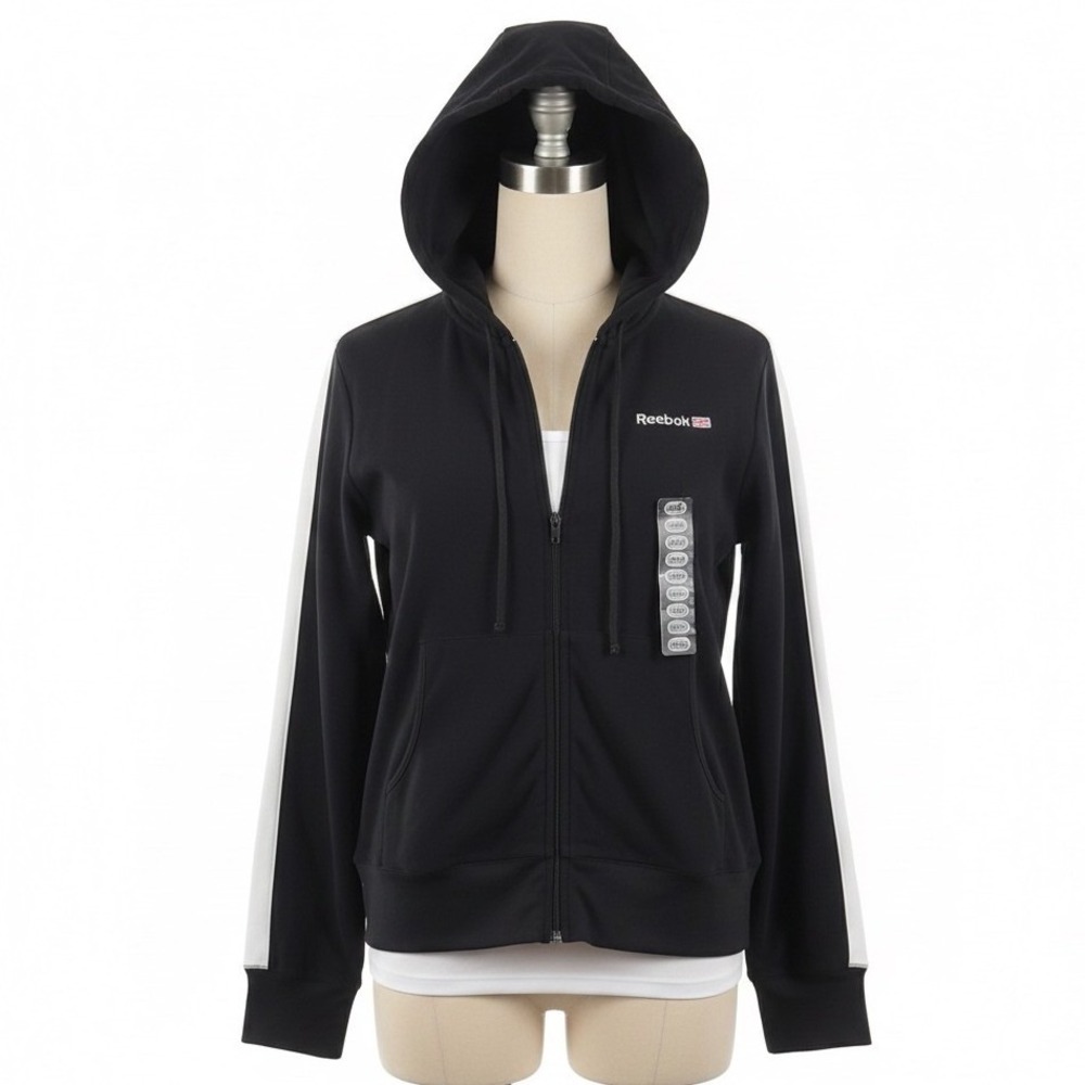 Reebok Classic Womens Hoodie Large‎ Full Zip Black White Sporty Retro Streetwear